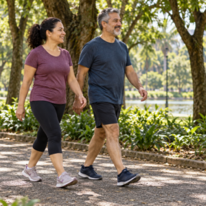Dois adultos caminhando tranquilamente por uma pista plana e arborizada de parque.