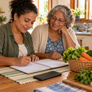 Duas mulheres organizam uma lista à mesa, com alimentos e celular; ilustração gerada por IA.