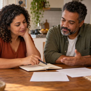 Dois adultos conversam e consultam um caderno à mesa de casa.