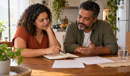Dois adultos conversam e consultam um caderno à mesa de casa.