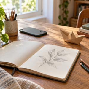 Caderno de desenho, lápis, livros e barco de origami sobre uma mesa iluminada pela janela.