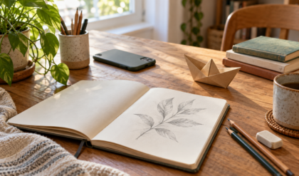 Caderno de desenho, lápis, livros e barco de origami sobre uma mesa iluminada pela janela.