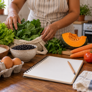 Alimentos variados e uma folha de planejamento sobre uma mesa de cozinha.