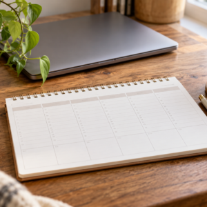 Agenda semanal em branco, caneta e notebook fechado sobre uma mesa organizada.