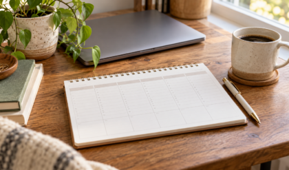 Agenda semanal em branco, caneta e notebook fechado sobre uma mesa organizada.
